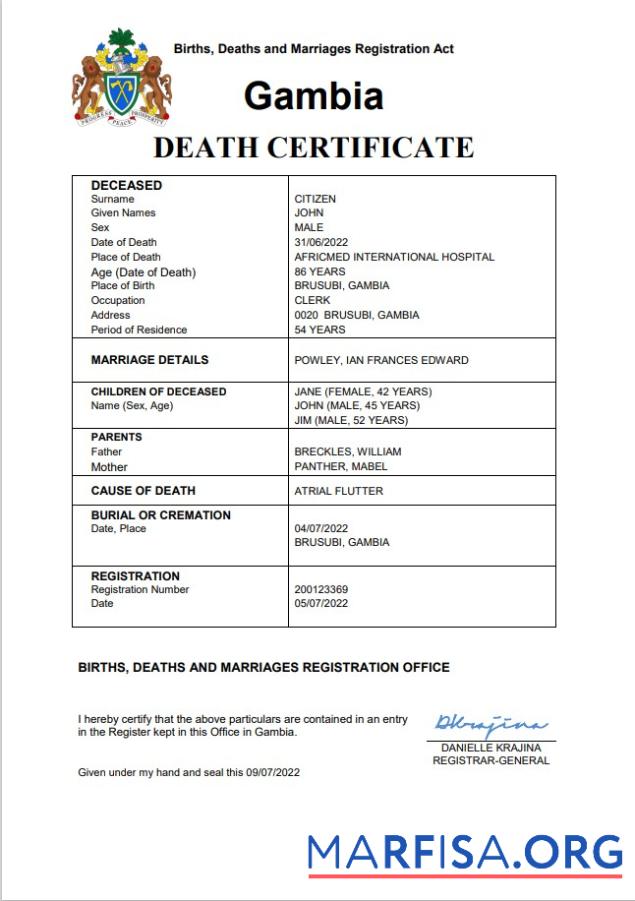 Blank Gambia vital record death certificate Word and PDF template